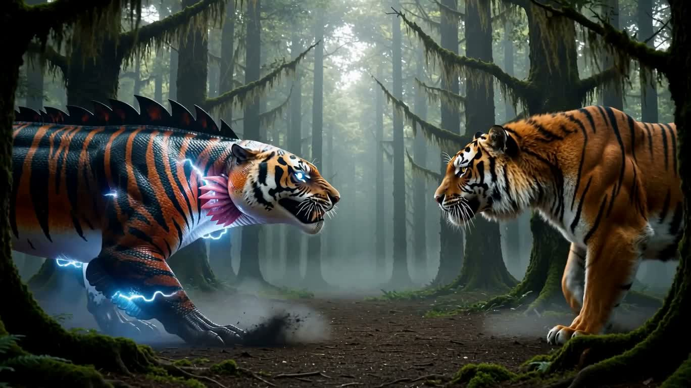 Electric Eel Tiger and Fierce Tiger in a Misty Standoff — AI video creation