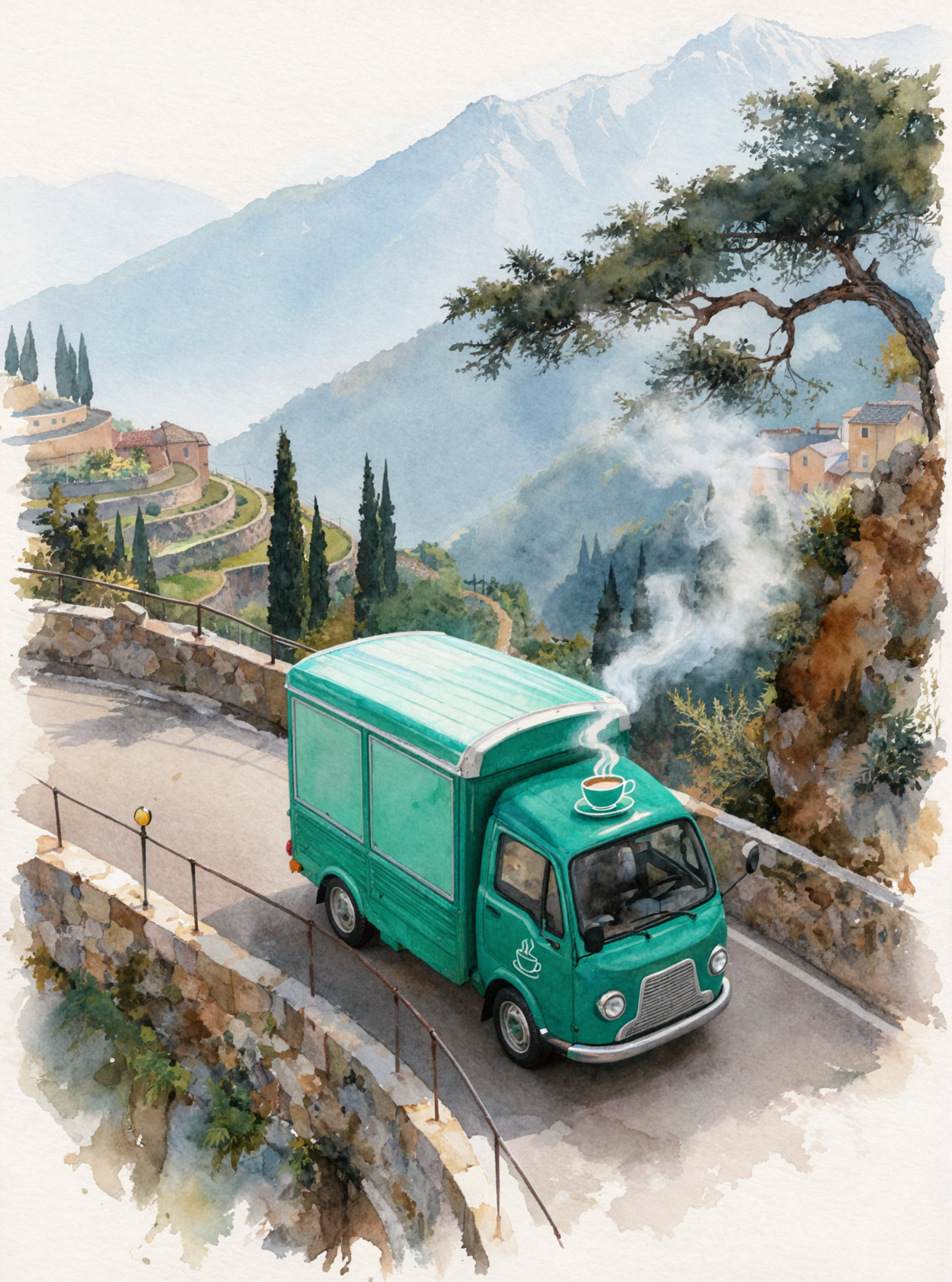 山间咖啡车 · 水彩手账 — AI image creation