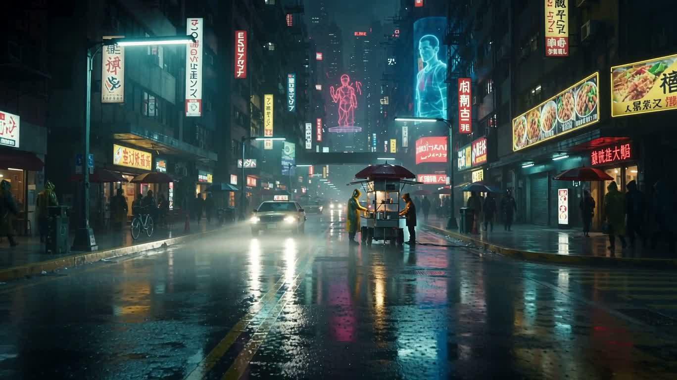 霓虹雨夜街头小食摊 — AI video creation