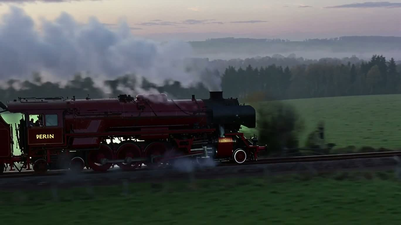Red Steam Train in the Misty Mountains