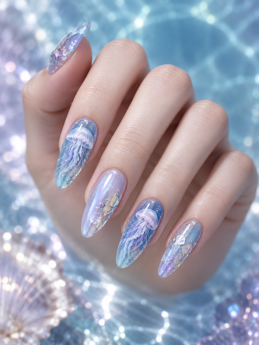 水母灵感珠光凝胶美甲特写 — AI image creation