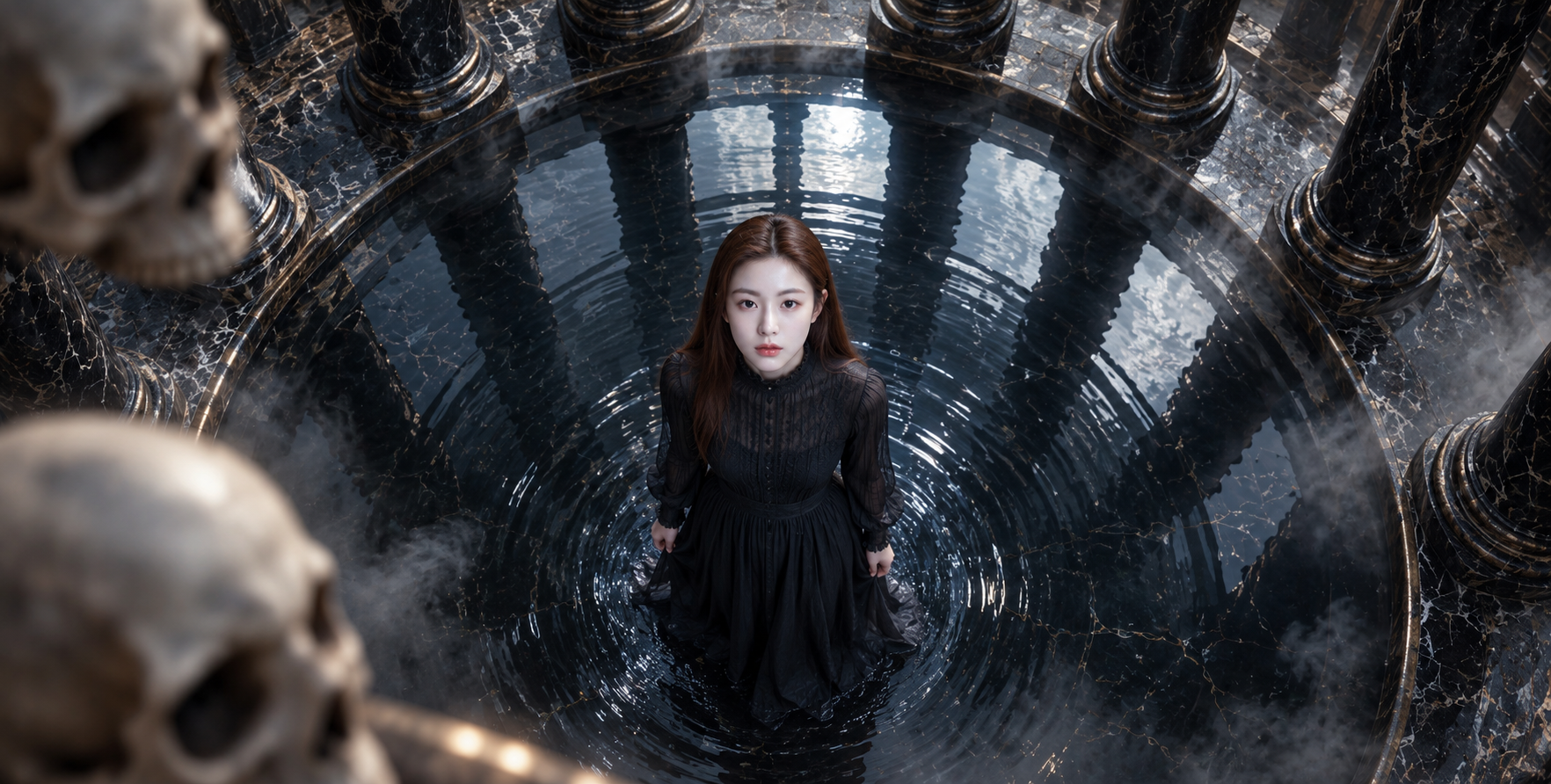成年女性深色圆池仰望与哥特骷髅前景俯拍肖像