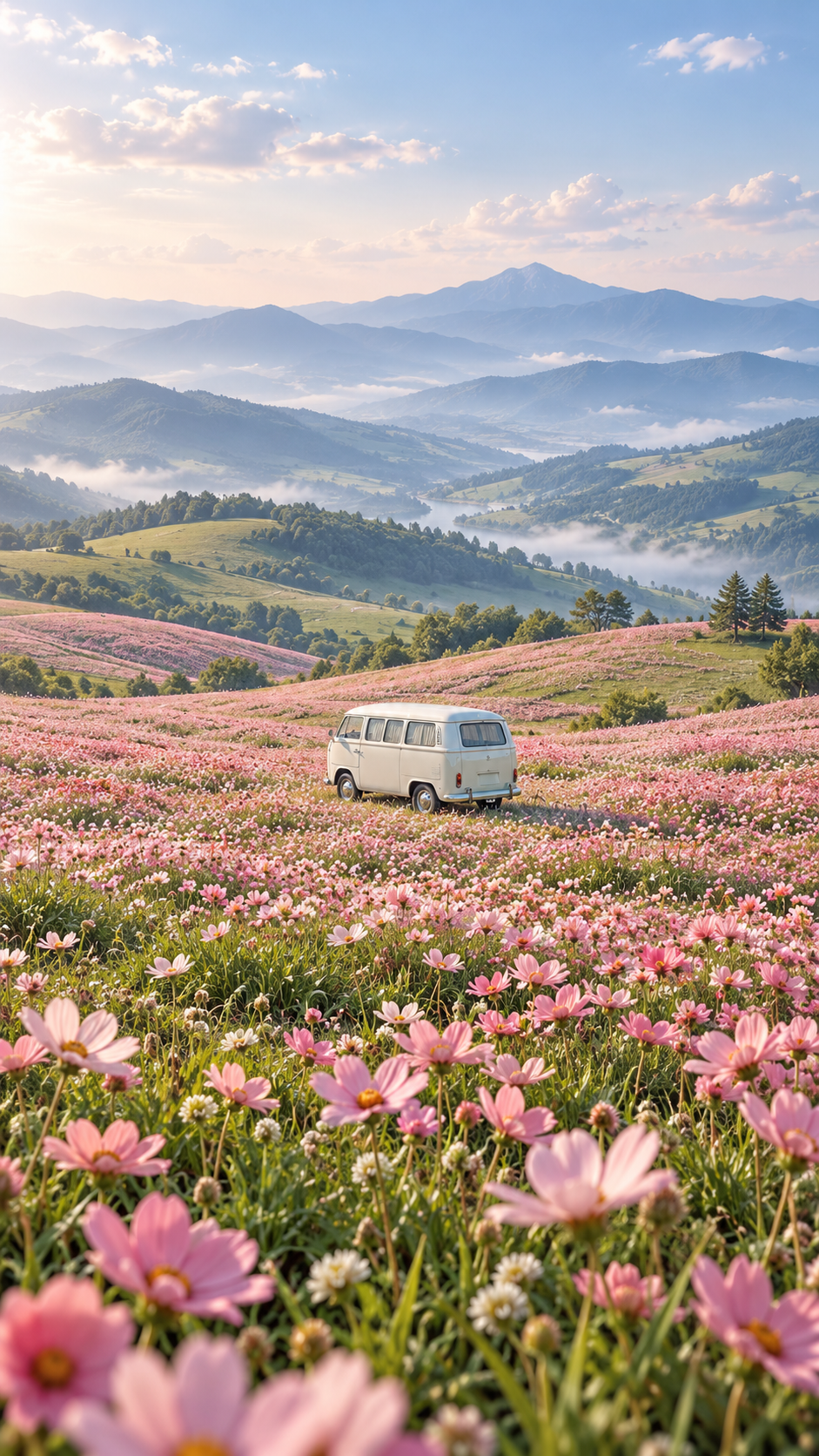 White Vintage Van in Endless Pink Flower Hills — AI image creation