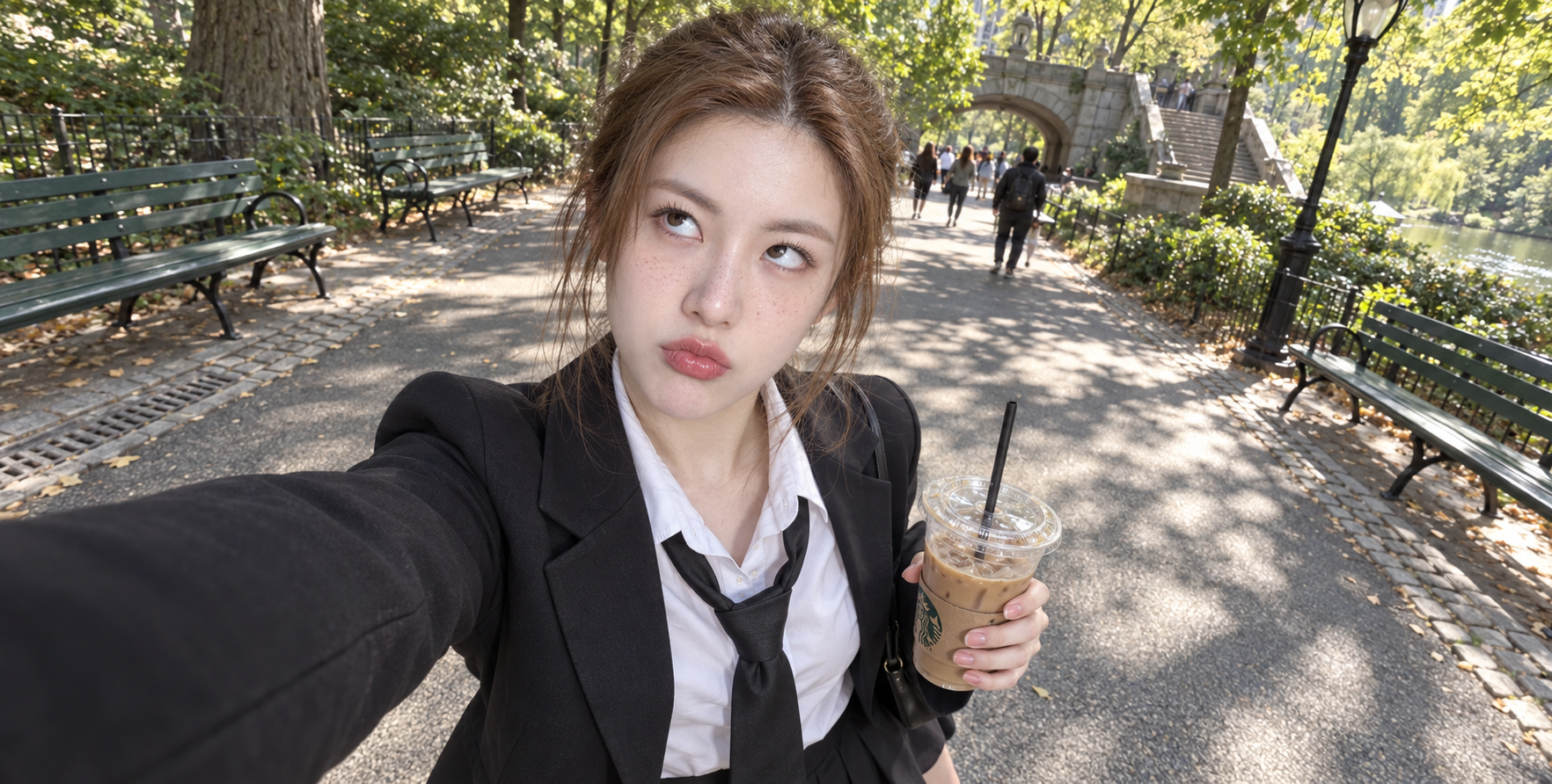 斑驳树影下喝冰咖的雀斑少女 — AI image creation