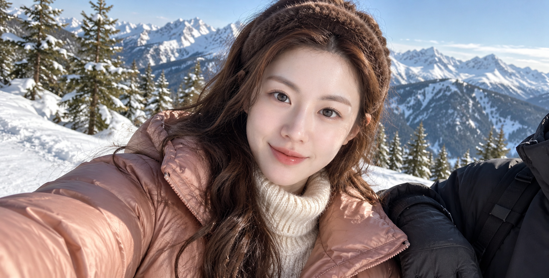 雪山徒步中的温暖双人自拍氛围 — AI image creation