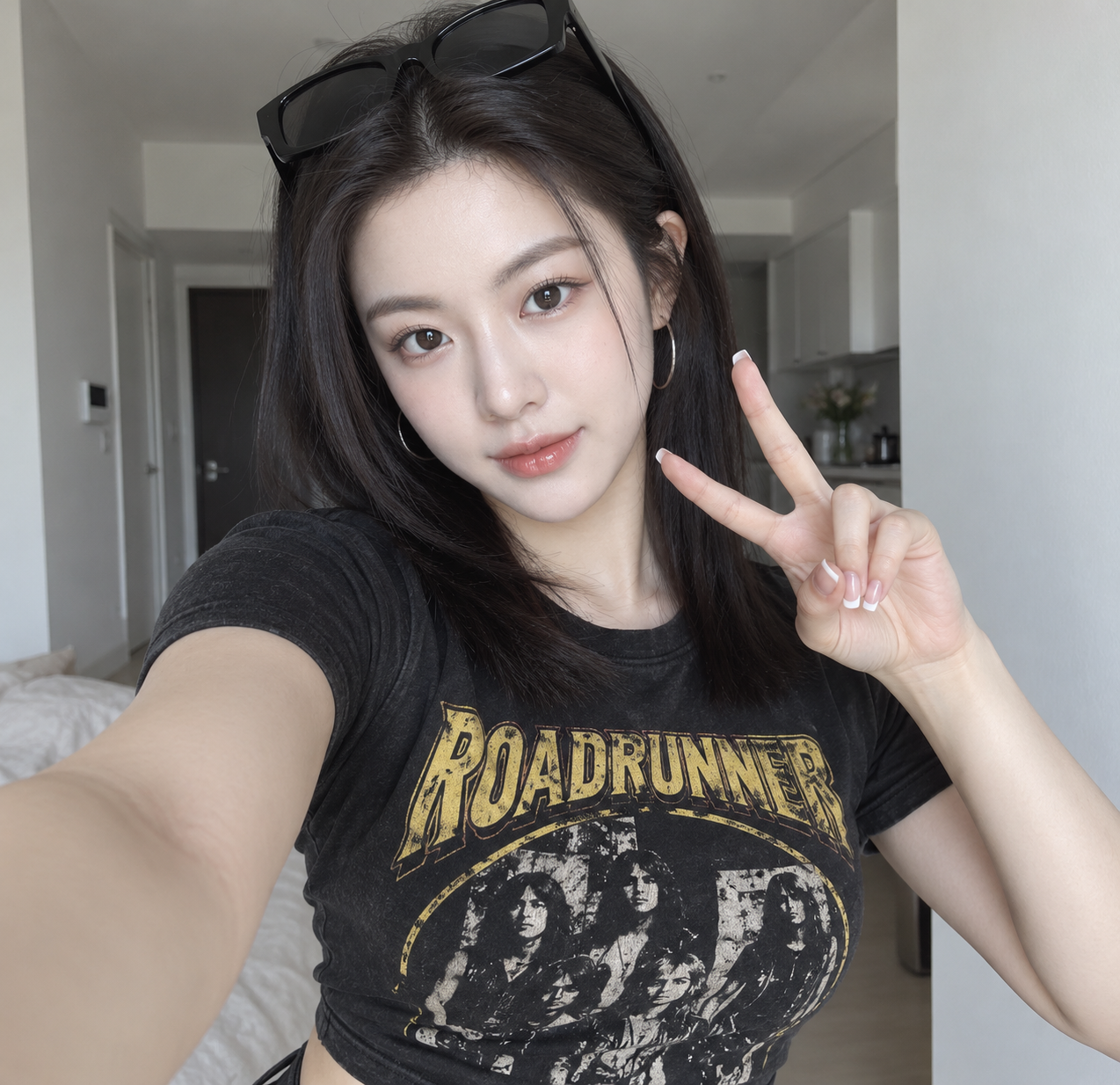 Selfie áo thun ban nhạc ngọt ngào cá tính dưới ánh sáng tự nhiên tại nhà