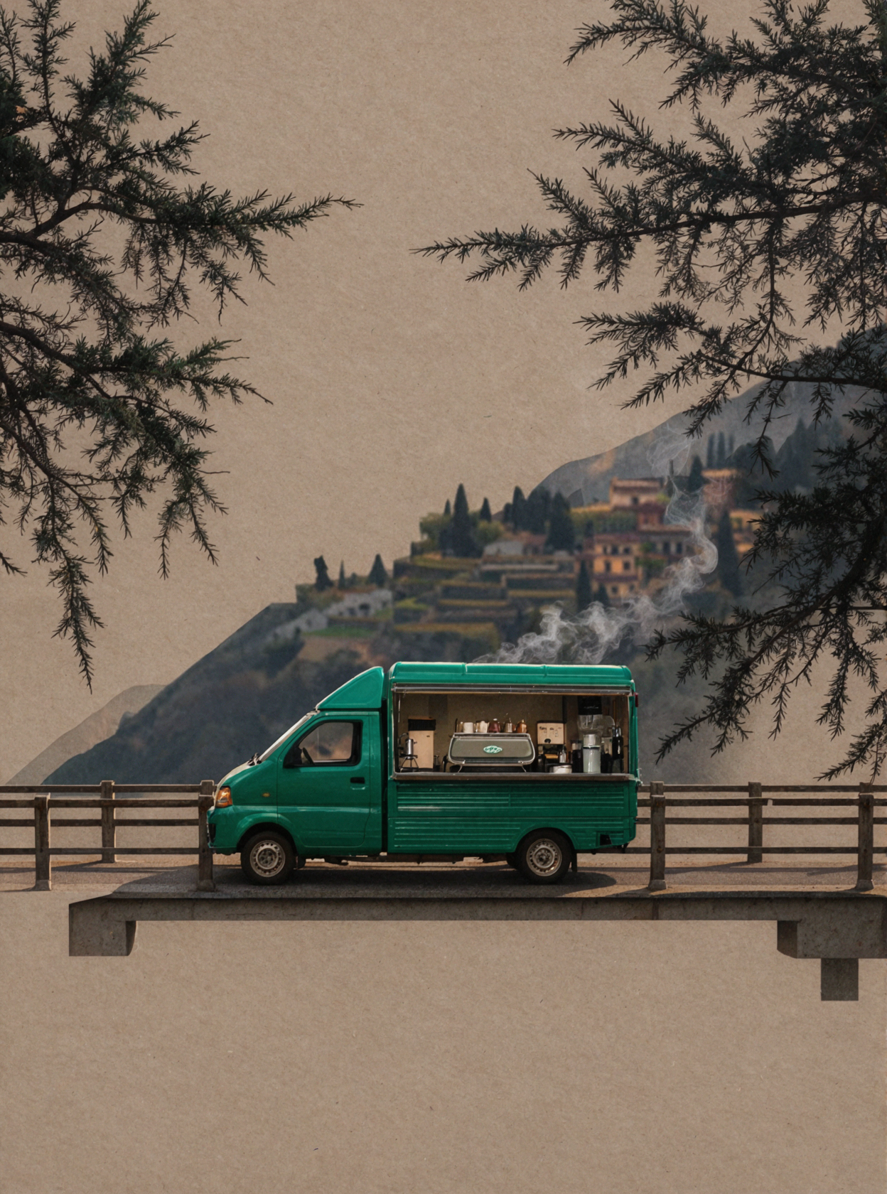 Camion-café de montagne · Collage surréaliste — AI image creation