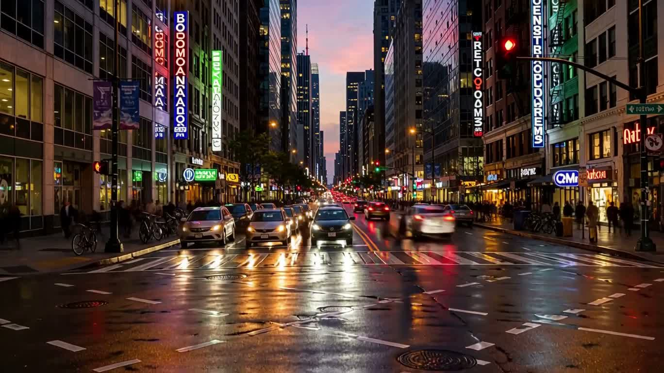 Le cycle du jour et de la nuit dans la ville pluvieuse — AI video creation