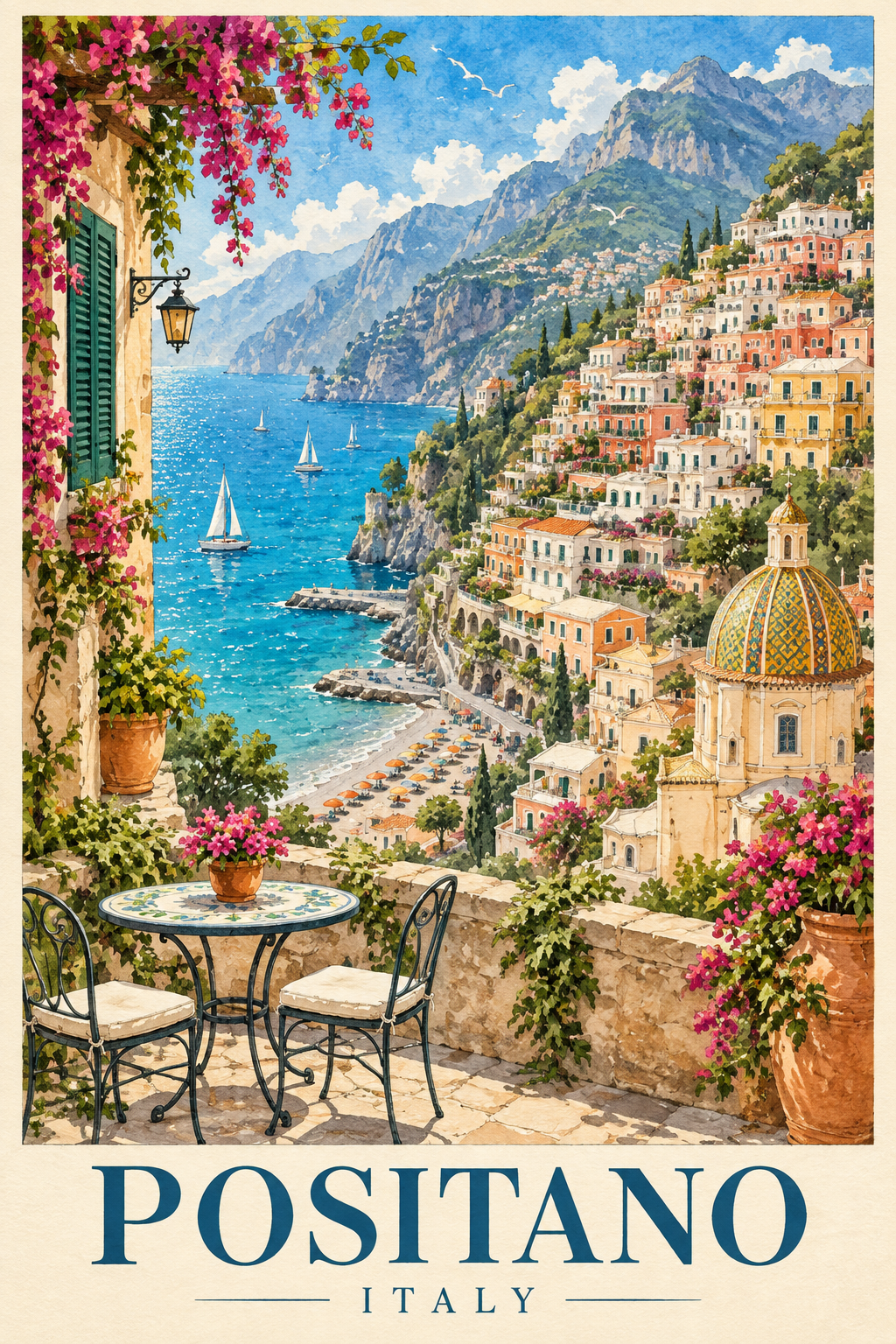 复古水彩波西塔诺海岸旅行海报 — AI image creation