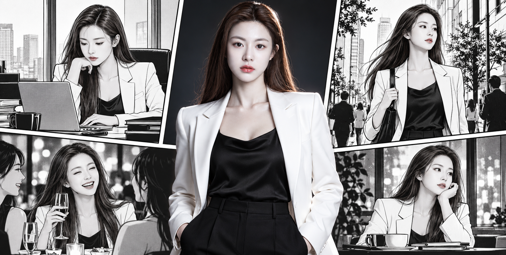 女商人黑白漫风超写实肖像 — AI image creation