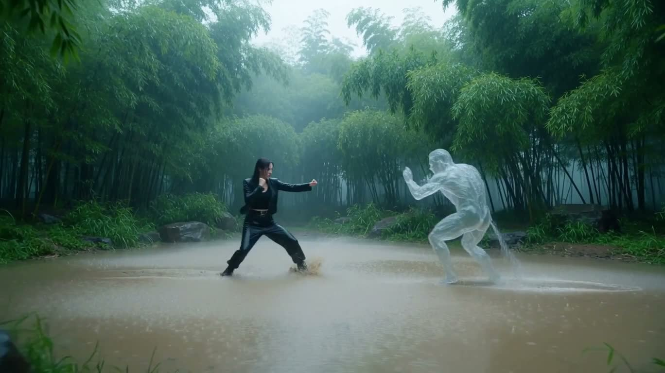 竹林雨战：水影对决 — AI video creation