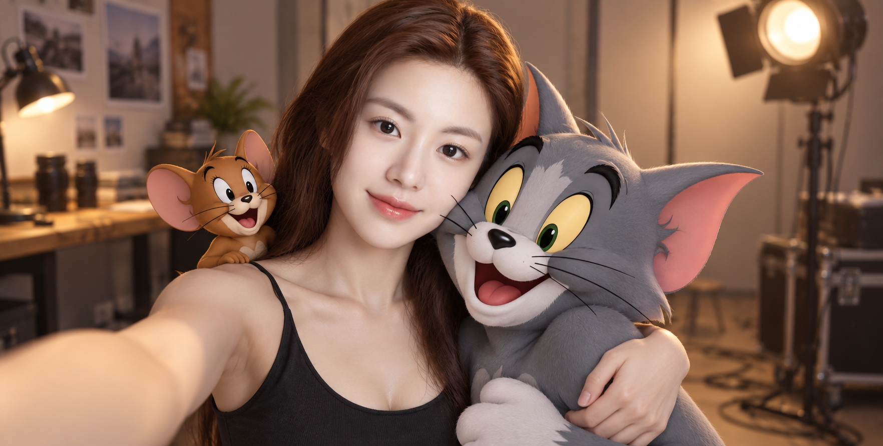 暖光影棚中与汤姆猫相拥的自拍 — AI image creation
