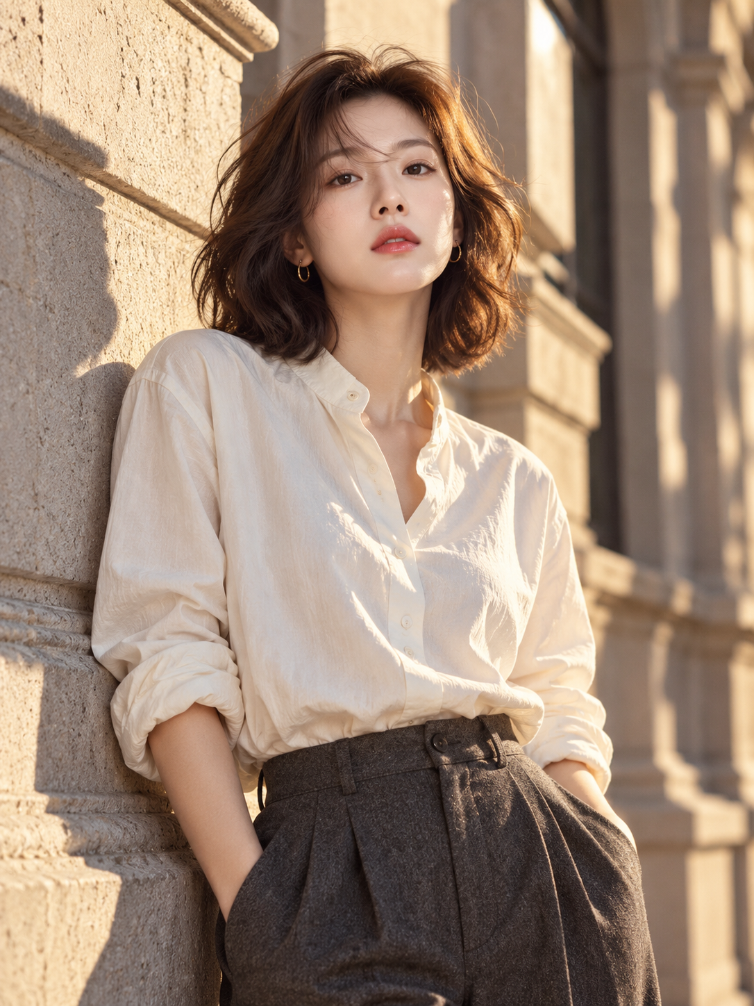 골든 아워의 돌담 옆 빈티지 패션 초상화