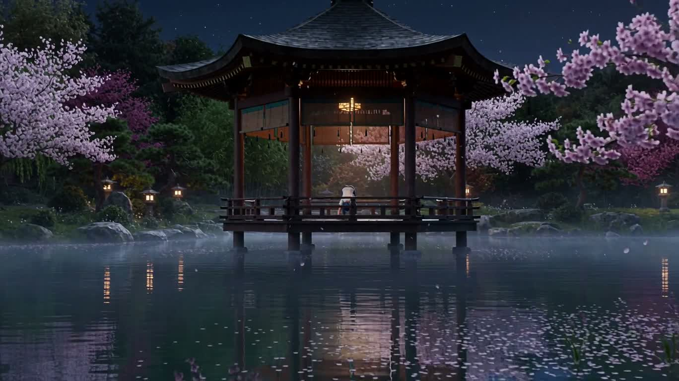 月光湖畔樱花瑜伽 — AI video creation