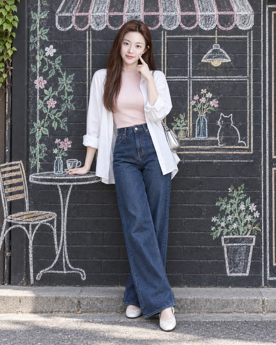 日本街巷粉笔店面背景中的成年女性春夏时装 — AI image creation