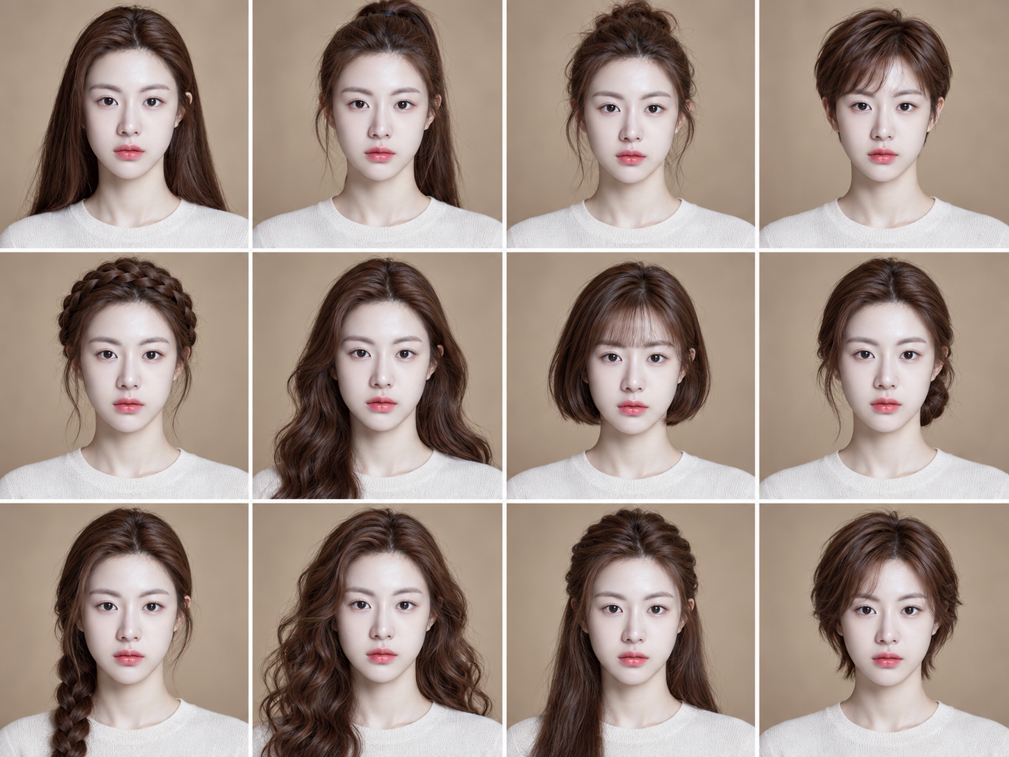 同一人物的十二款发型肖像拼图 — AI image creation