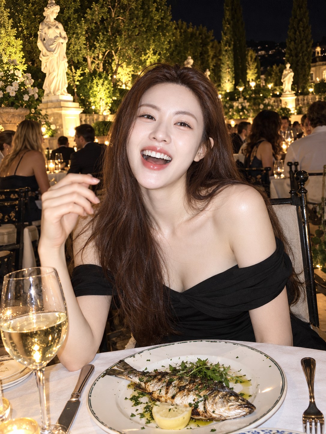 欧洲夏日晚餐东亚女性时尚快照 — AI image creation