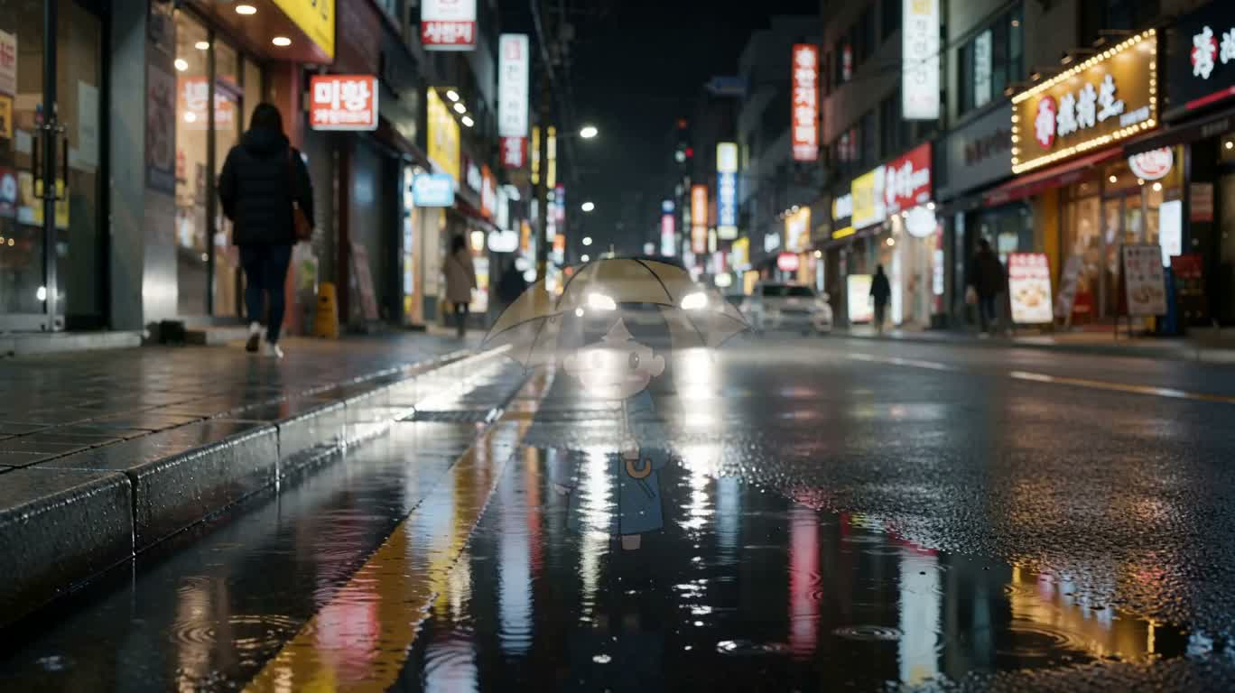 雨夜积水中的卡通女孩