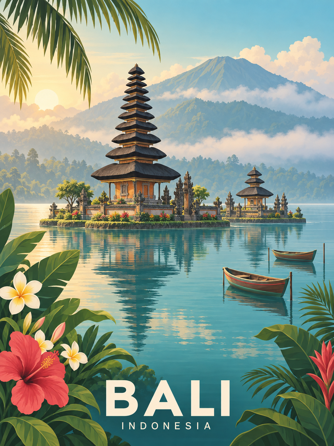 巴厘岛湖畔复古旅行海报 — AI image creation