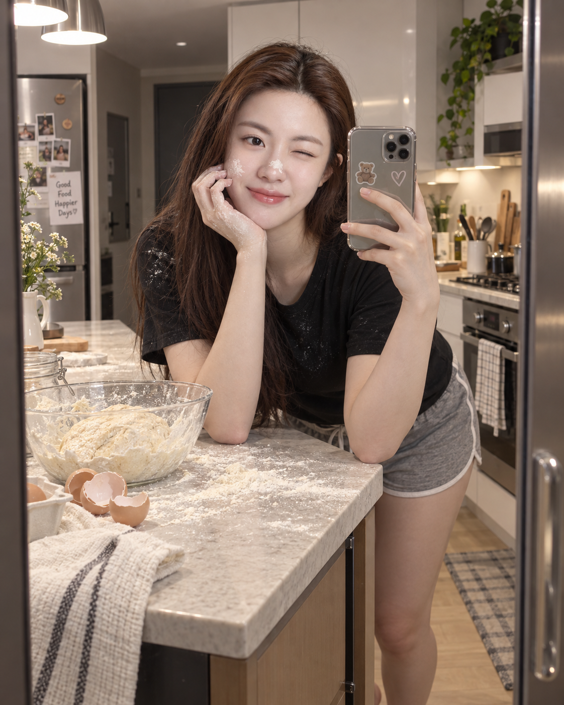 面粉笑靥镜面自拍照