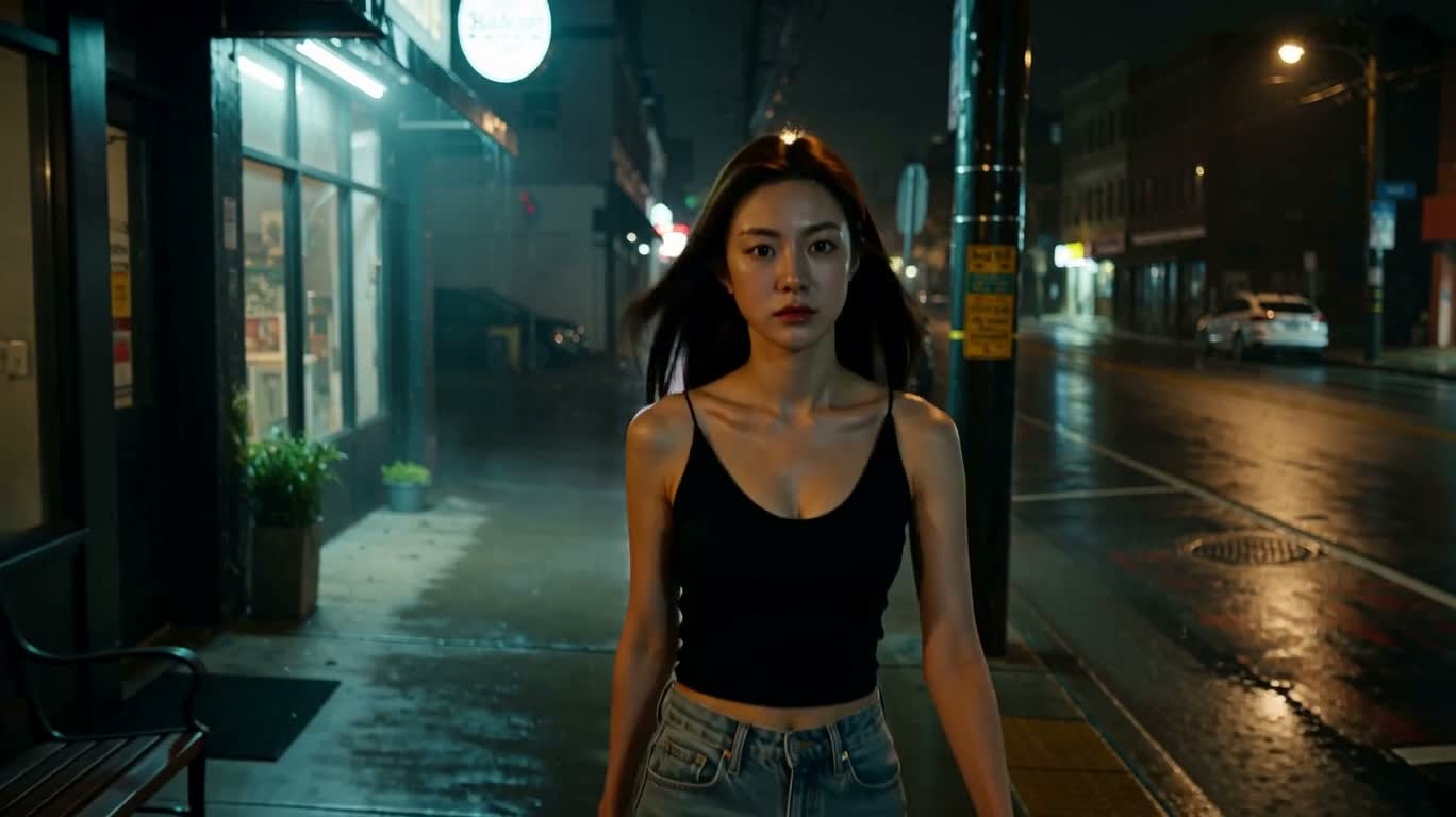 雨夜街头回身跟拍