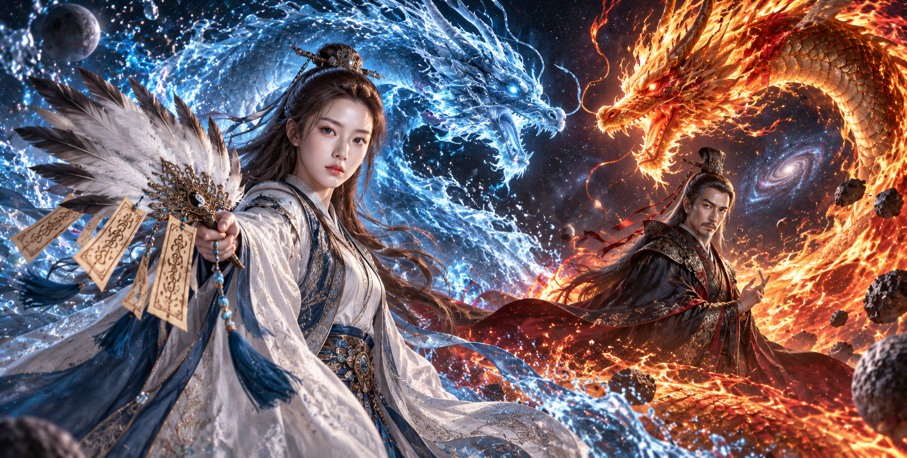 持符咒羽扇的孔明与仲达星际巨龙对决 — AI image creation