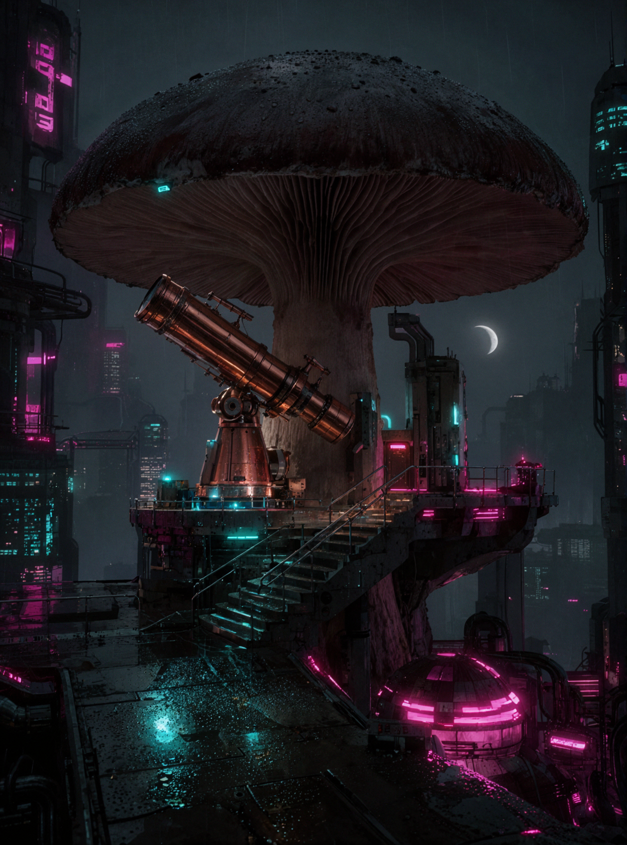 Đài thiên văn nấm · Đêm cyber — AI image creation