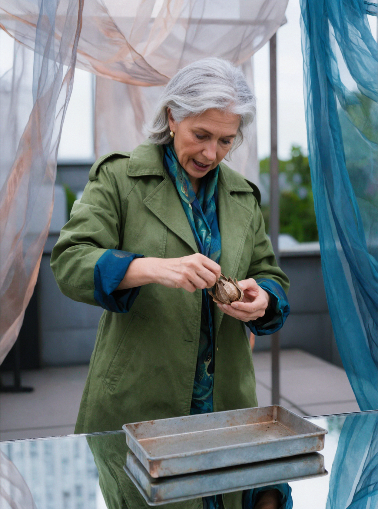 Silver-haired adult female botanist · Seeds in flight · Tilt-shift photography