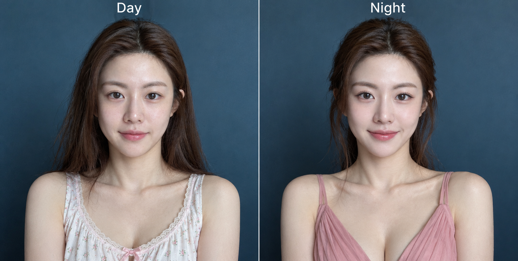 成年女性自然妆与夜间妆造对照肖像 — AI image creation
