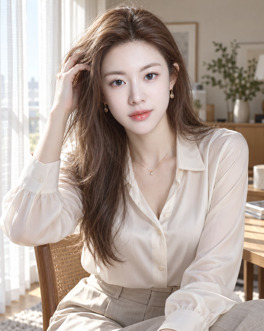 Fashion Portrait with Cool Gray-Brown Hair in Sheer Curtain Light