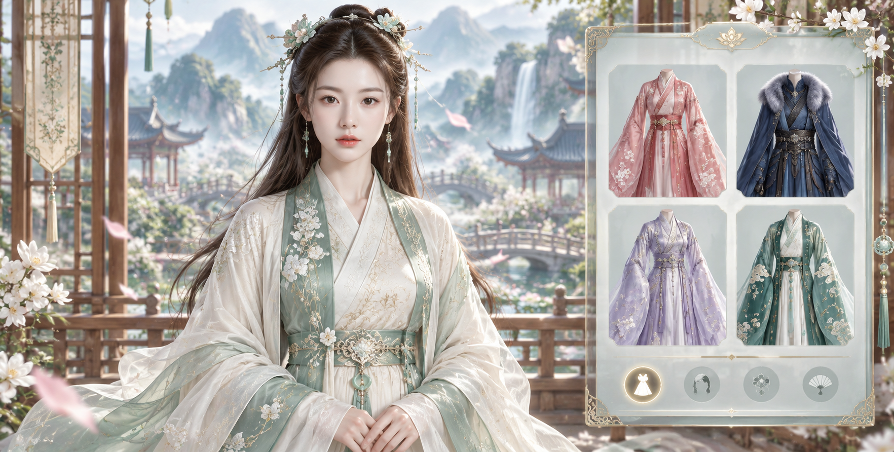 成年女角色仙侠换装游戏界面 — AI image creation