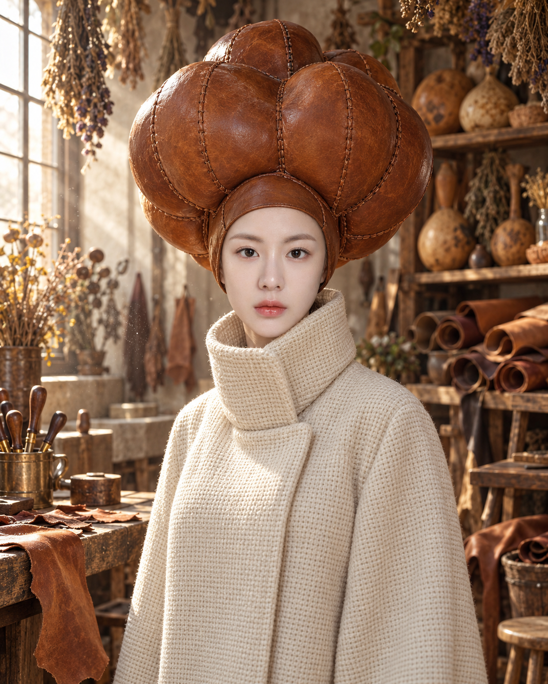 超现实皮革头饰的前卫时尚大片 — AI image creation