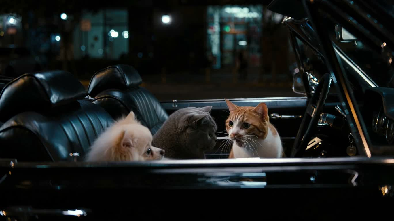 夜色敞篷车里的猫咪即兴演唱 — AI video creation