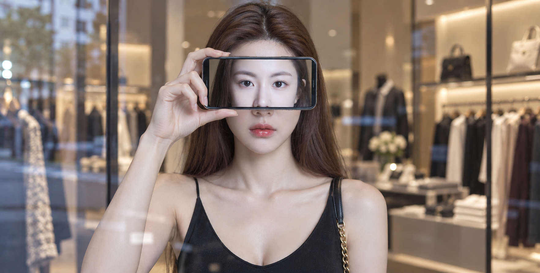 手机屏幕映出人像的店内创意摄影 — AI image creation