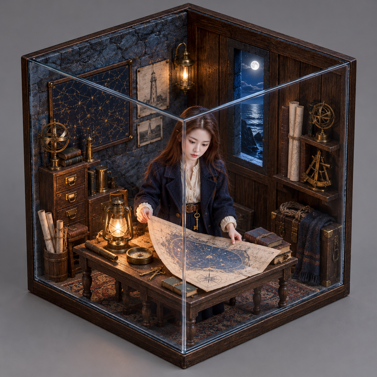 유리 큐브 속 등대 미니어처 영화 장면 — AI image creation