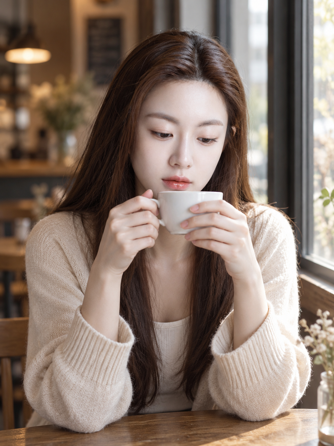咖啡馆窗边手捧陶杯的静谧肖像 — AI image creation