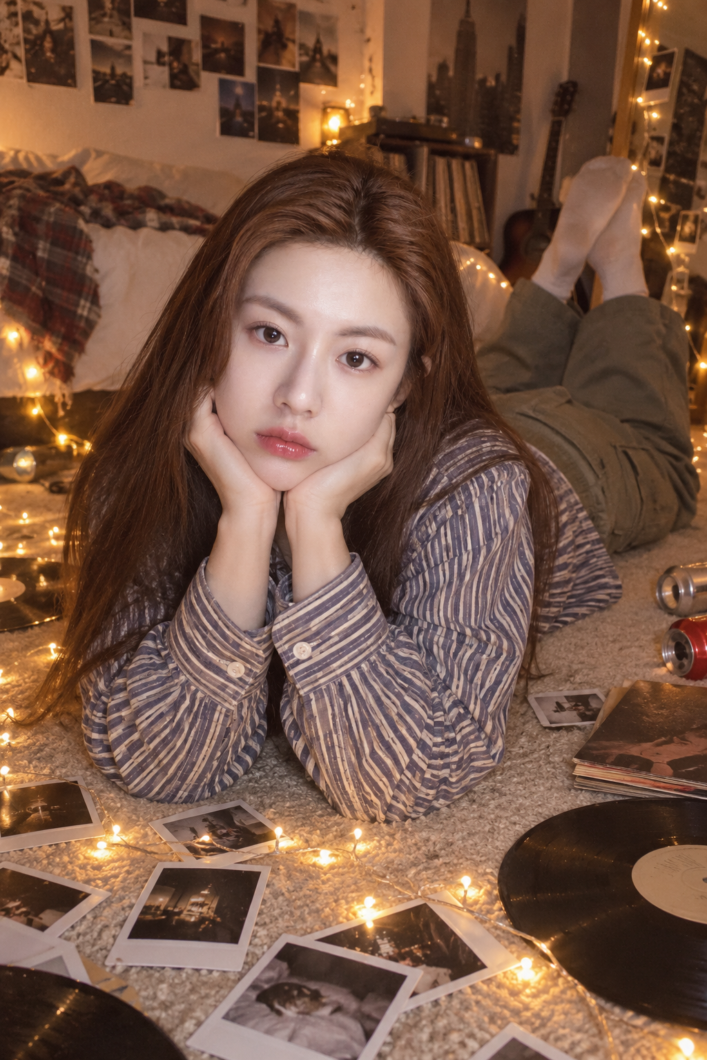 仙女灯卧室里的成年复古垃圾摇滚肖像