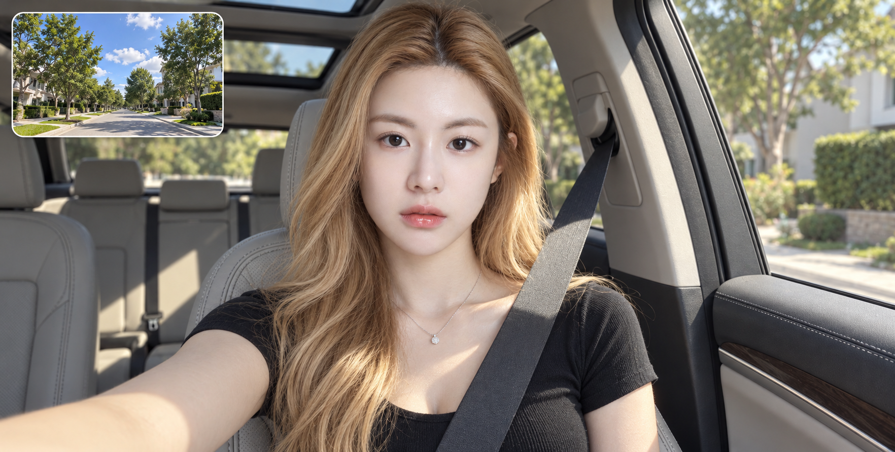 Natural Light Selfie Portrait of an Adult Woman in a Luxury SUV — AI image prompt