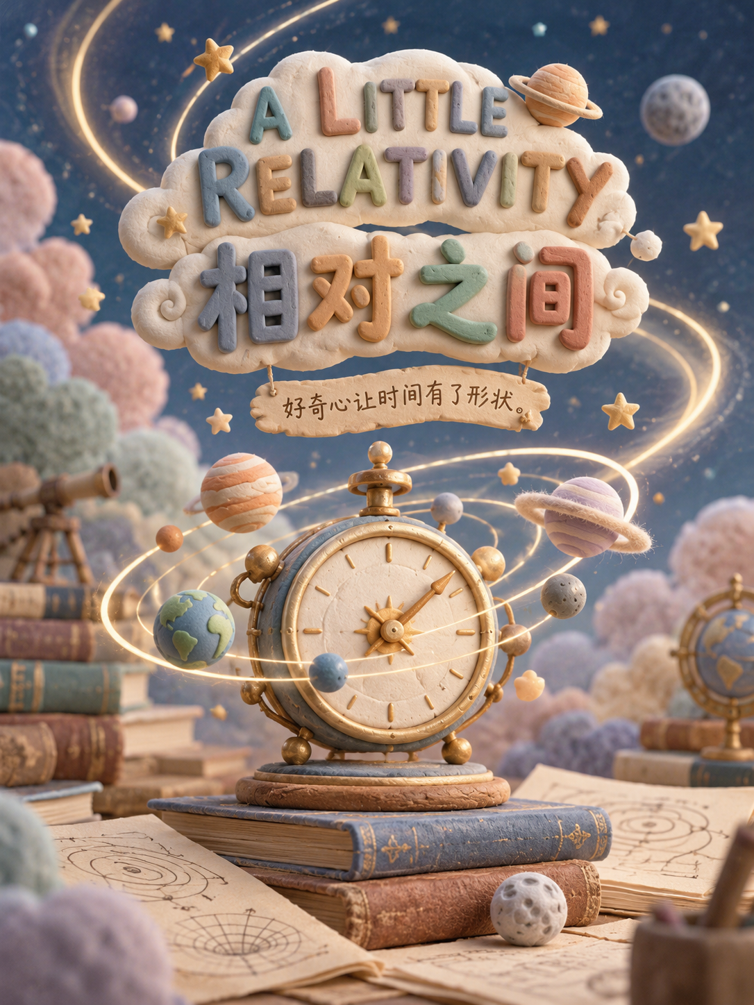 アインシュタインの相対性理論をテーマにした軟陶の童話ポスター — AI image creation
