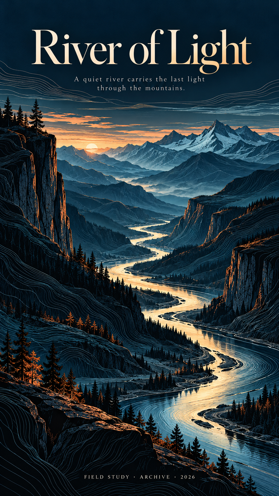 流动轮廓线与大胆色彩的英文风景海报 — AI image creation