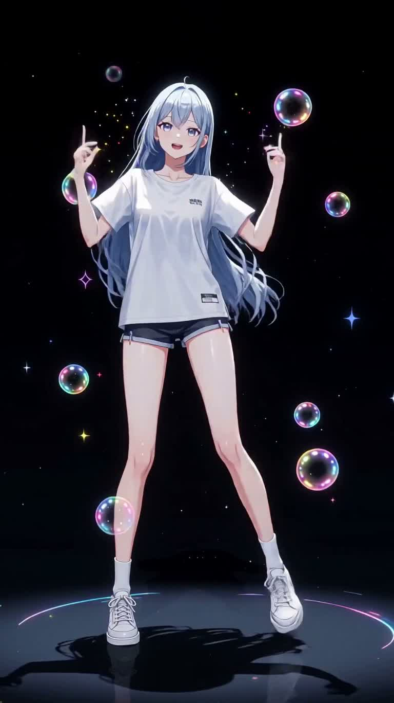 霓虹泡泡里的蓝发偶像 — AI video creation