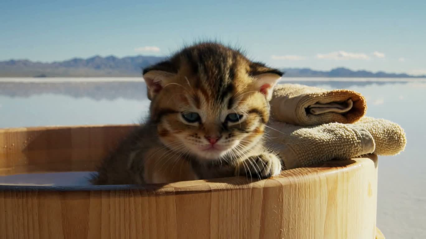 Маленький полосатый котёнок в термальном источнике солёного озера — AI video creation