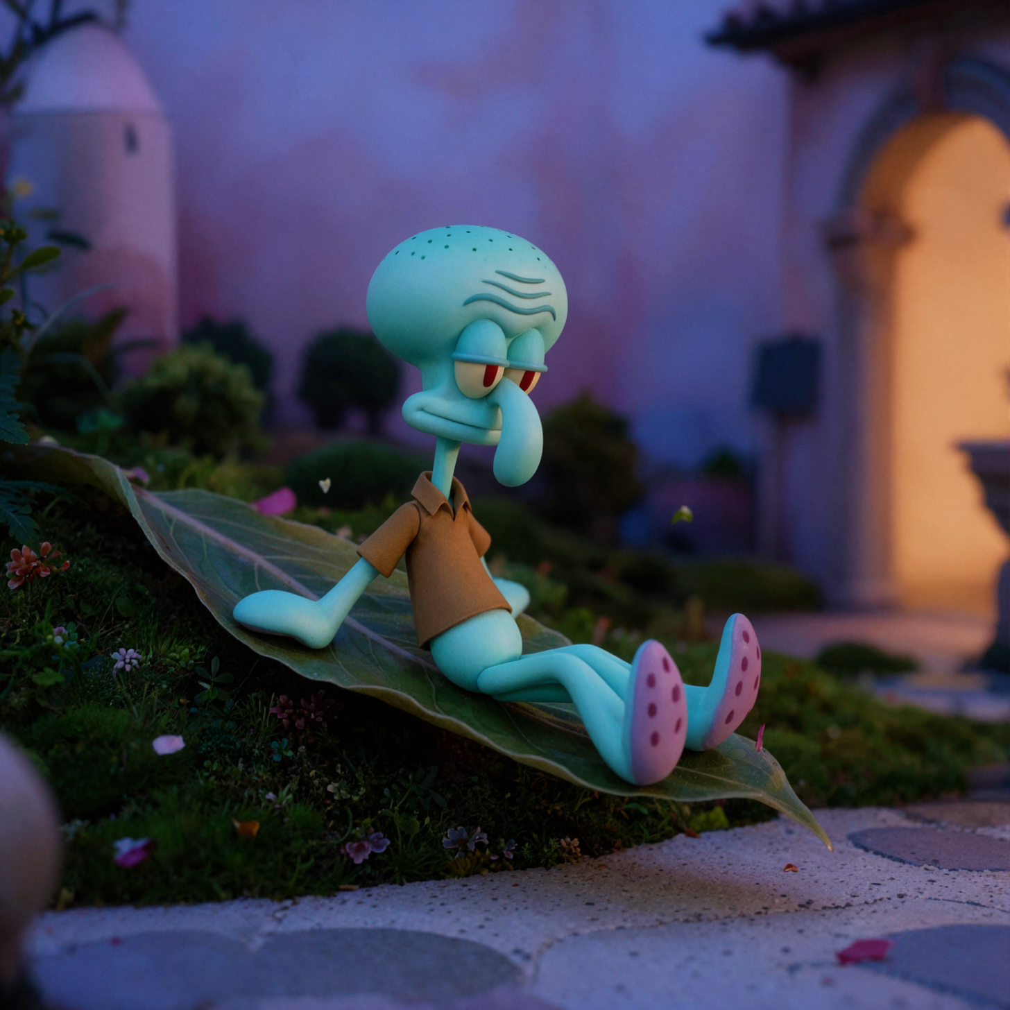 Squidward · Gliding on Fallen Leaves · Blue Hour — AI image creation