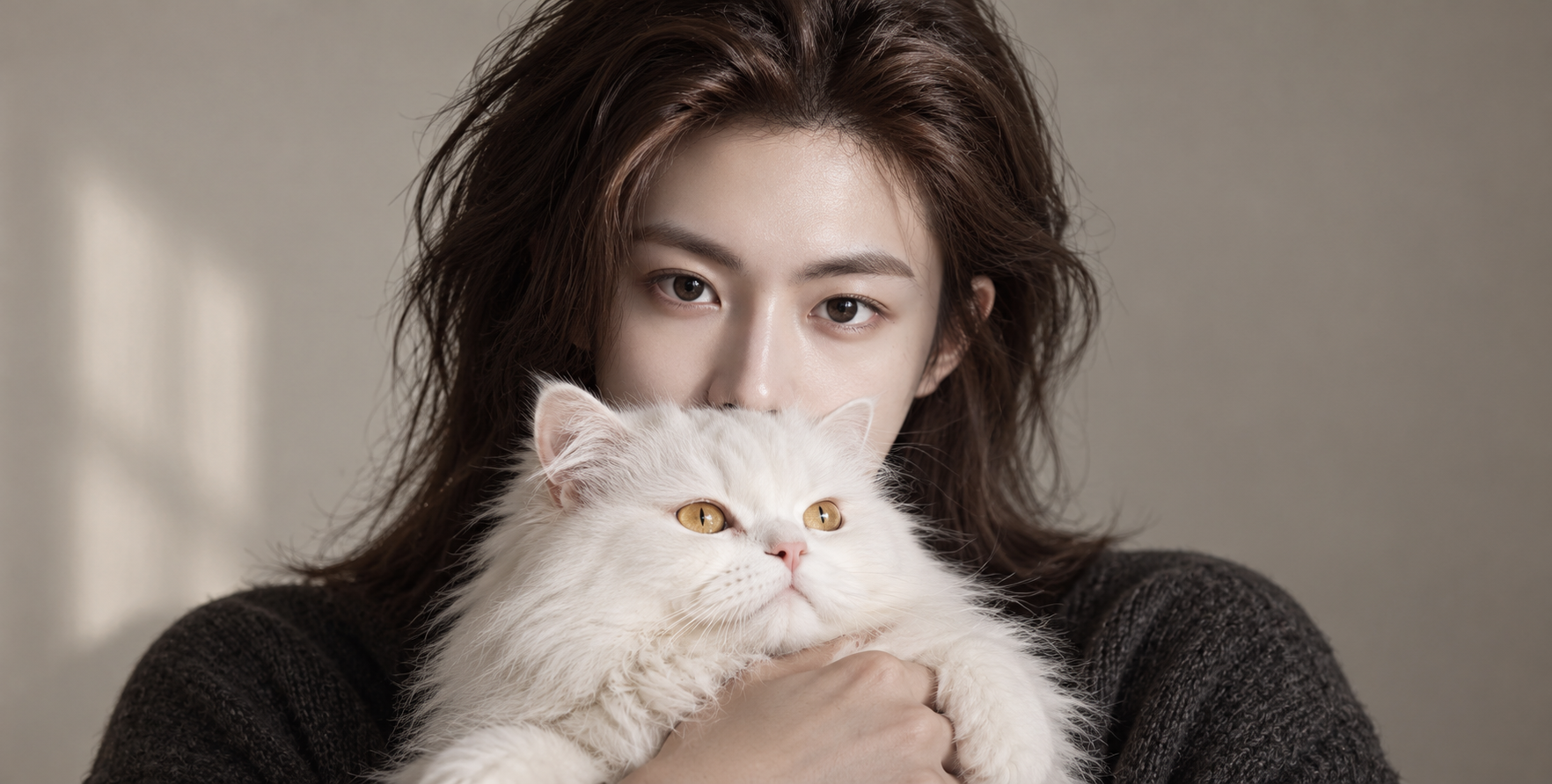 成年男子与金眼白波斯猫的温柔近照 — AI image creation