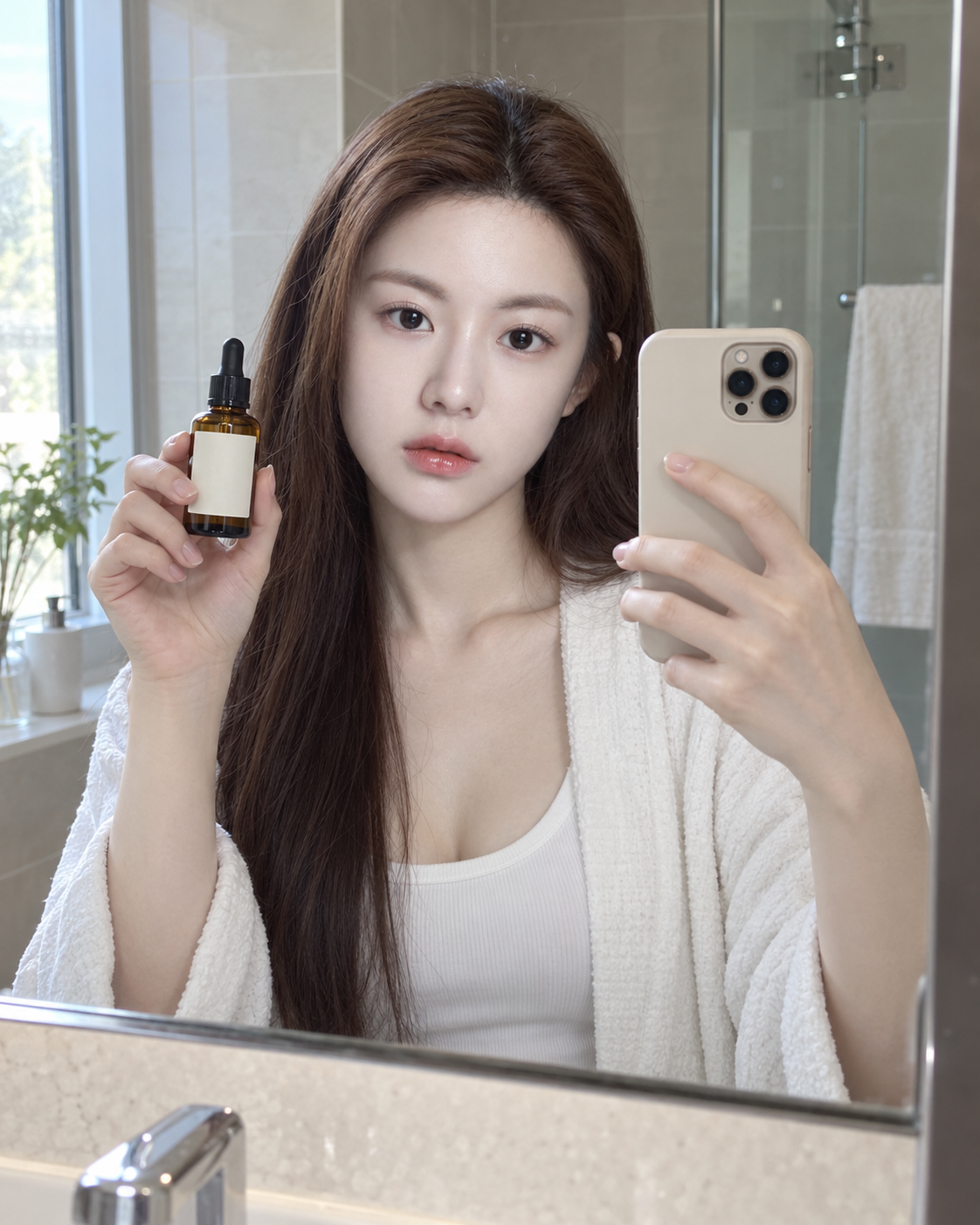 Mirror selfie with product in natural bathroom light