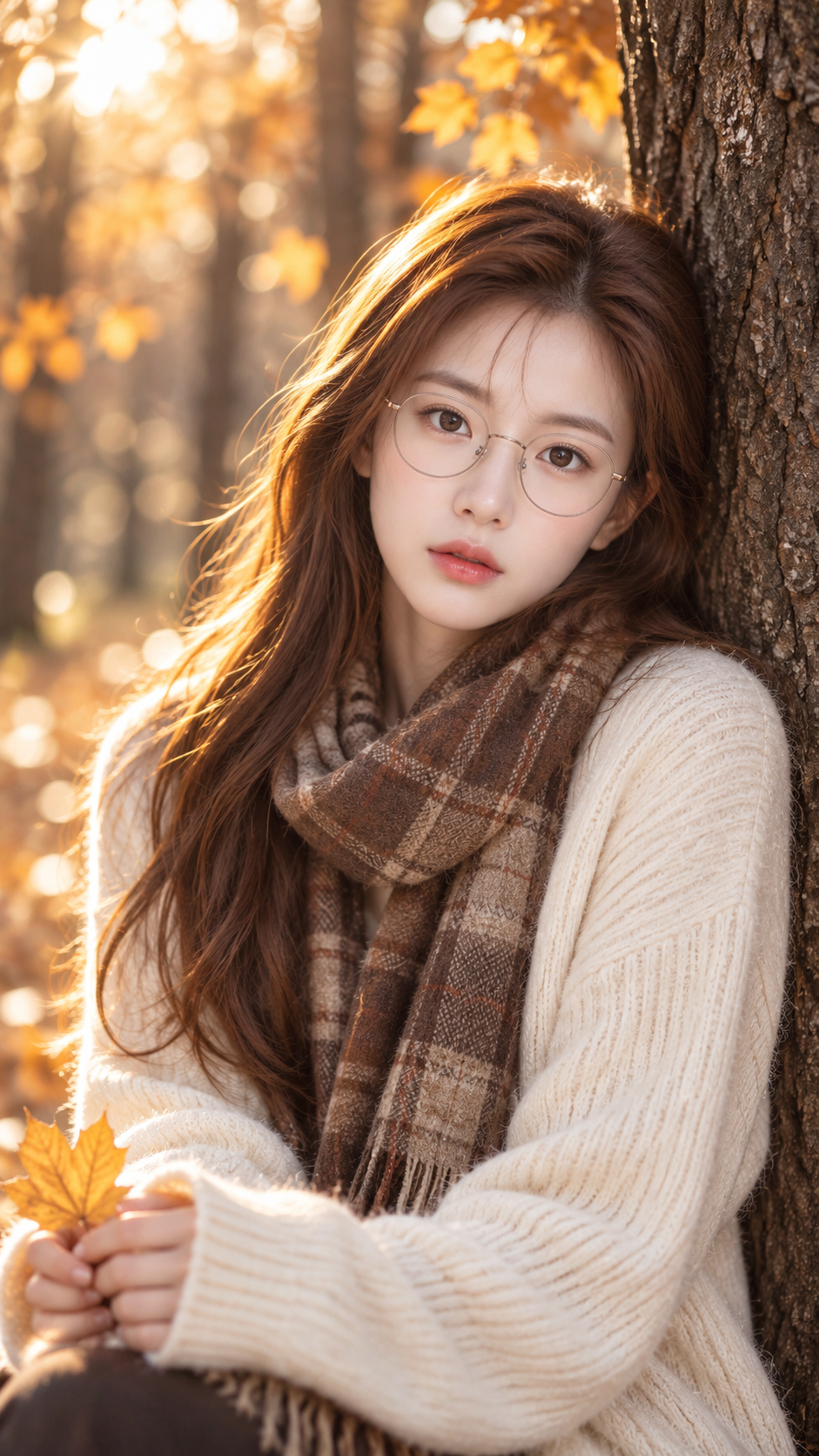 Soft-Focus Autumn Portrait of a Woman in Warm Gold Glasses