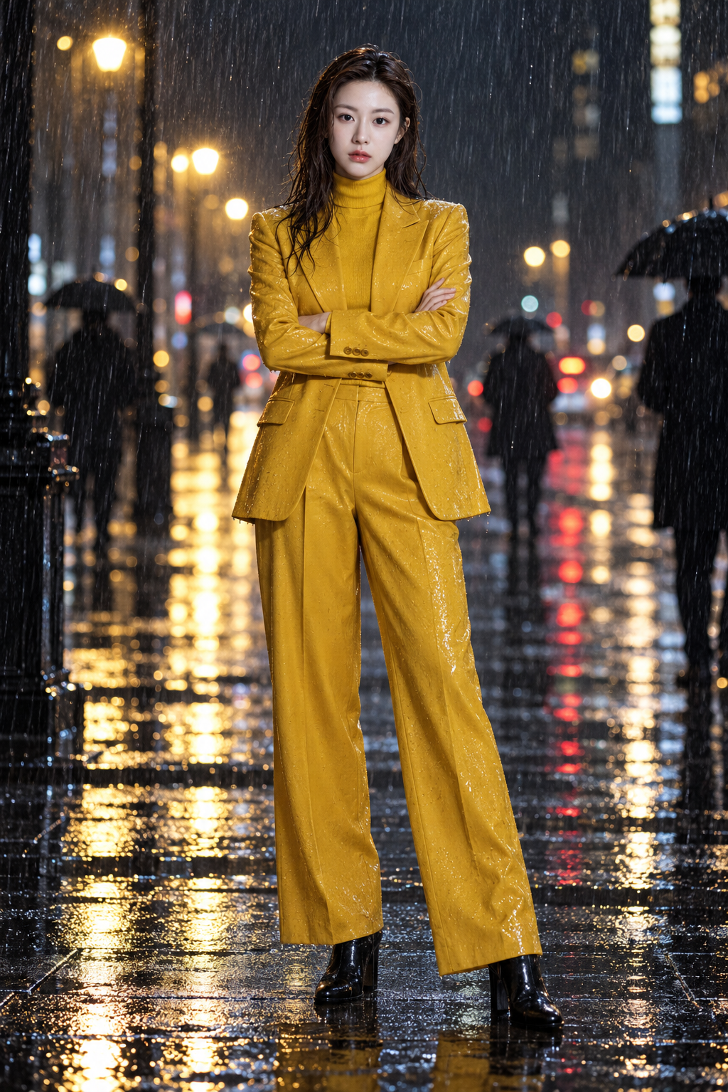Cinematic Rainy Night Portrait of a Woman in a Mustard Yellow Suit and a Black Silhouette