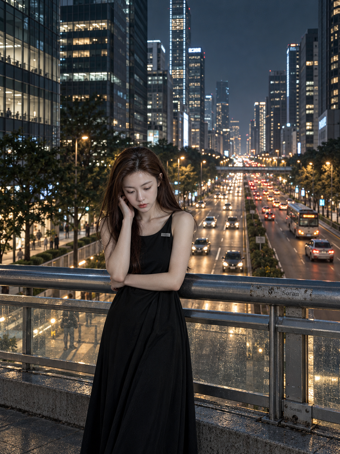高架桥上的都市夜色与Soran三层标记 — AI image creation