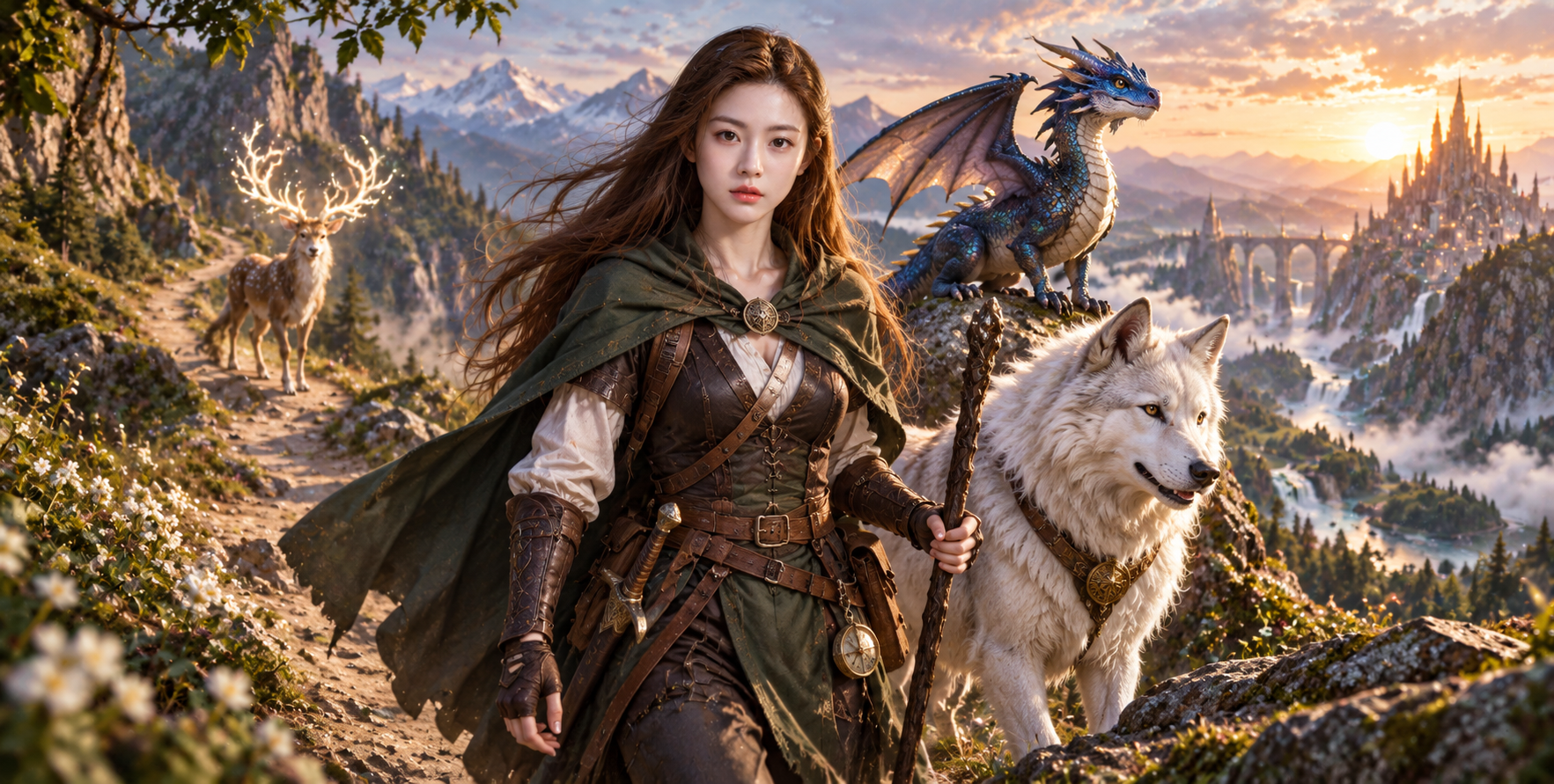 独行勇者与三位神奇动物伙伴的奇幻之旅 — AI image creation
