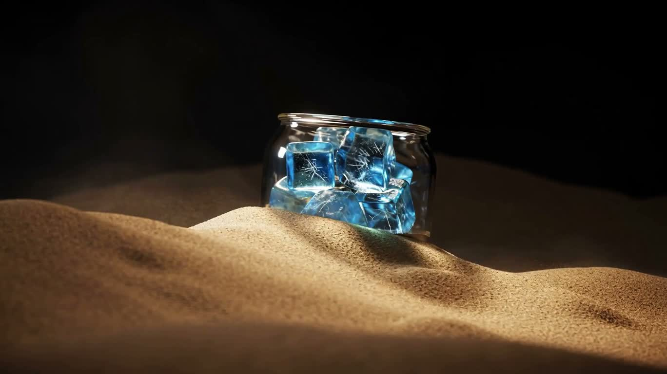 Bocal de cristaux de glace enseveli dans le sable — AI video creation